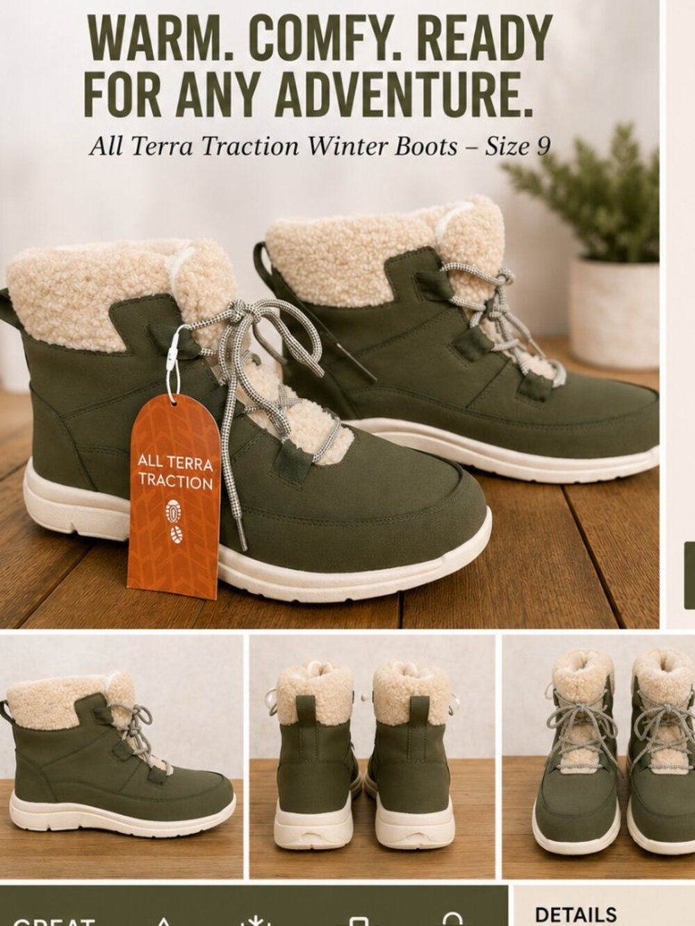 All Terra Traction Women's Winter Boots Size 9 – Olive Green Faux Shearling Line